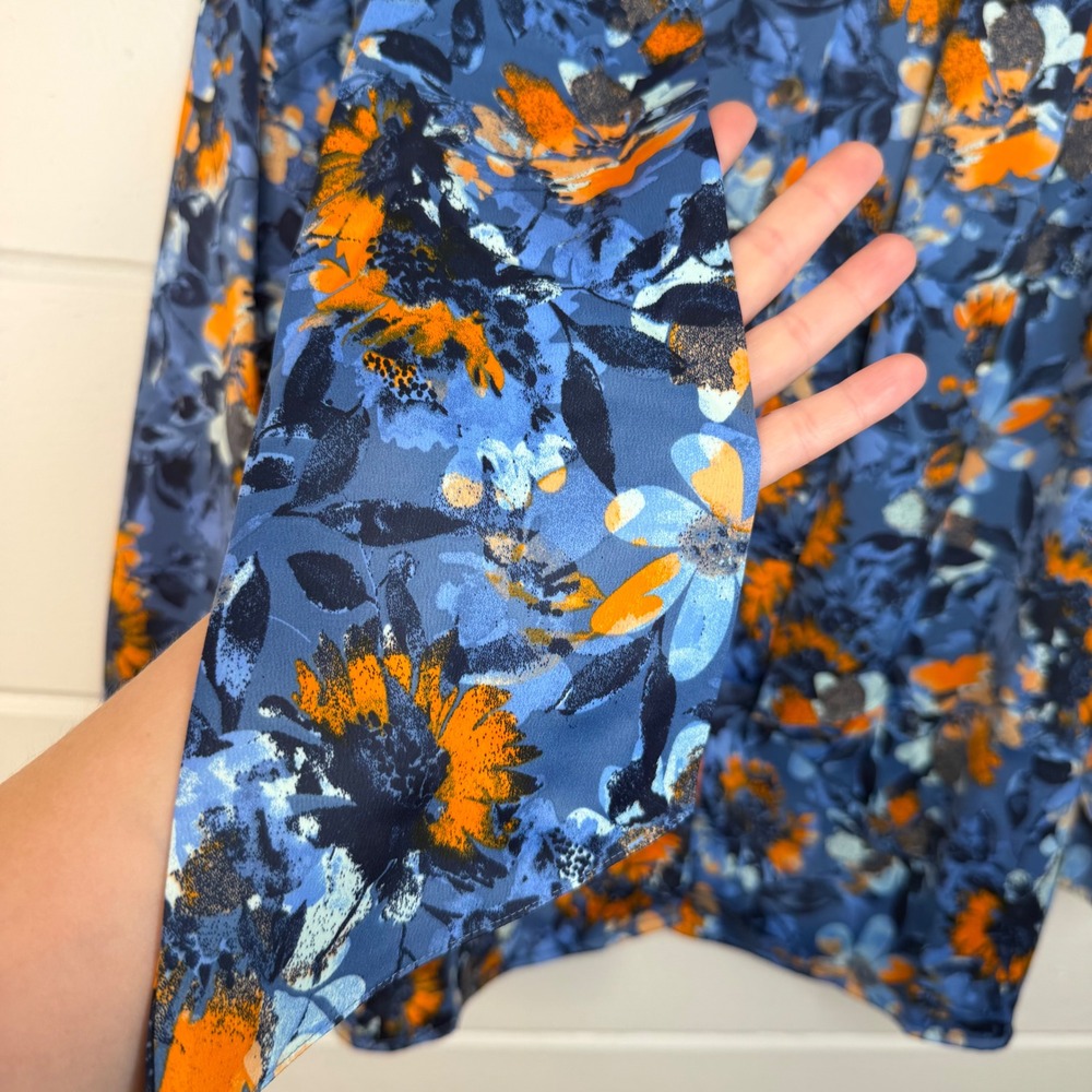 Denim & Co. Adaptive Floral Printed Blouse Neck Tie Detail 2X NEW Blue Orange - Picture 4 of 12